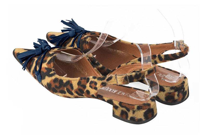 Safari black and navy blue women's open back shoes, with a knot. Pointed toe. Flat flare heels. Rear view - Florence KOOIJMAN